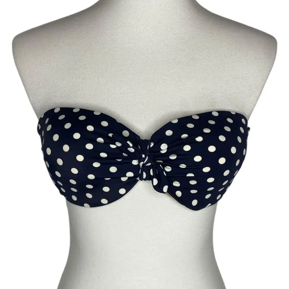 J. Crew Polka Dot Bikini Swim Top Navy Blue Strapless Underwire Size 32D Beach - Picture 2 of 12
